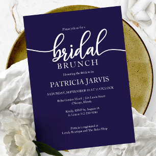 Invitation Simple Elegant Marine Blue Calligraphy Bridal Brun