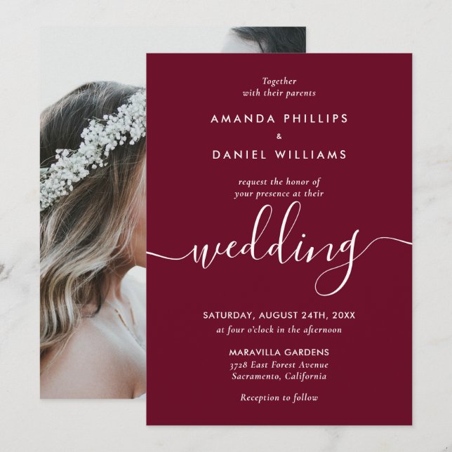 Invitation Simple Elegant Moderne Mariage photo Bourgogne (Devant / Derrière)