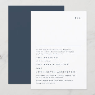 Invitation Simple Elegant Monogramme Marine Mariage bleu blan