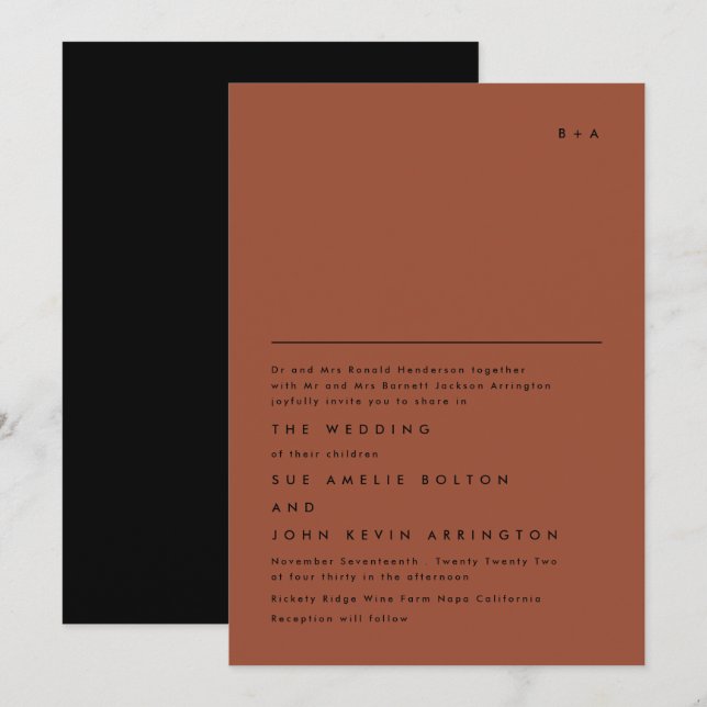 Invitation Simple Élégant Monogramme noir Mariage en terre cu (Devant / Derrière)