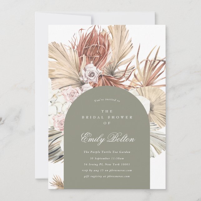 Invitation Simple Elegant Moss Green Arch Floral Pampas Boho (Devant)