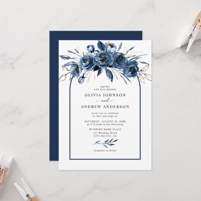Invitation Simple Elegant Navy Blue Boho Floral Arch Wedding (Devant/Arrière en situation)