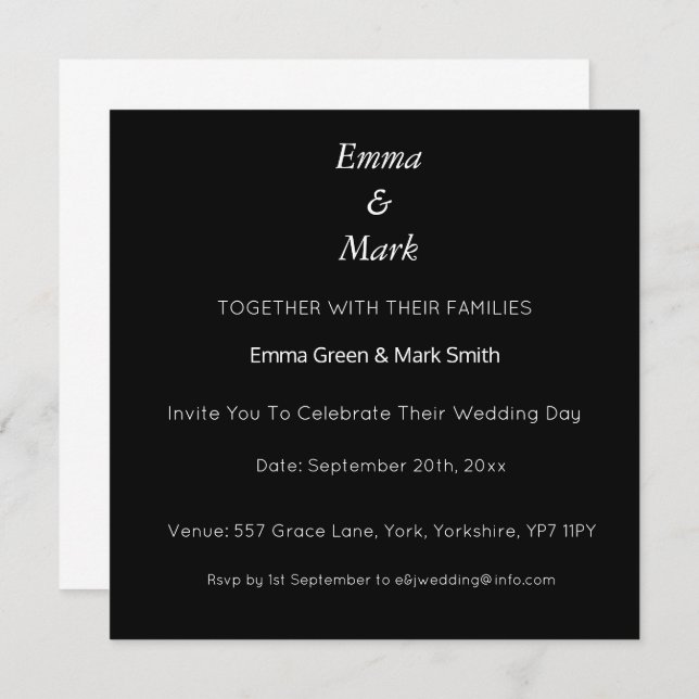 Invitation Simple Elegant Noir moderne Mariage Carré (Devant / Derrière)