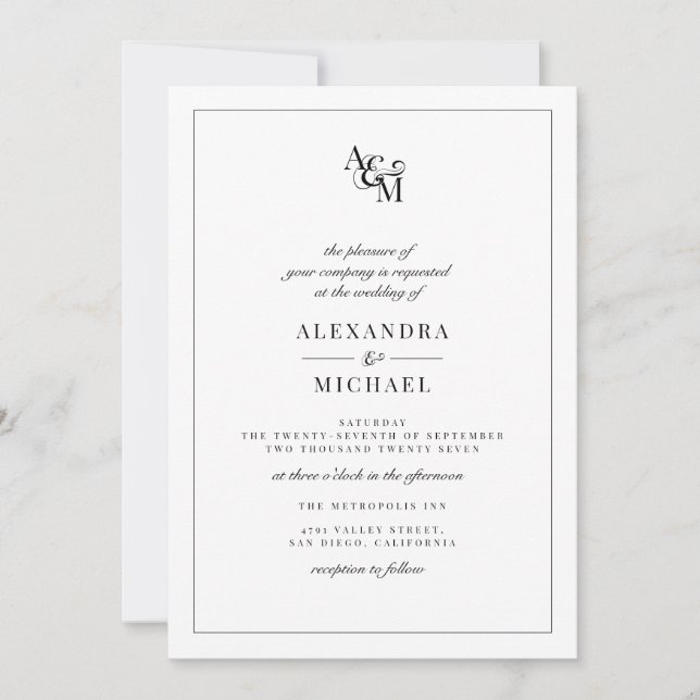 Invitation Simple Elegant noir Monogramme blanc Mariage RSVP (Devant)