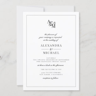 Invitation Simple Elegant noir Monogramme blanc Mariage RSVP