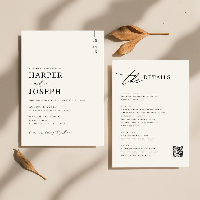 Invitation Simple Elegant noir tout en un Mariage de code QR (Créateur téléchargé)