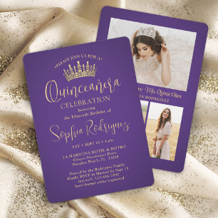 Invitation Simple Elegant Quinceañera 3 Photo violet et or