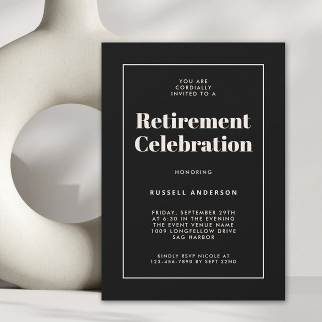 Invitation Simple Elegant Retraite Party Noir (Available as both printed and paperless digital download!)