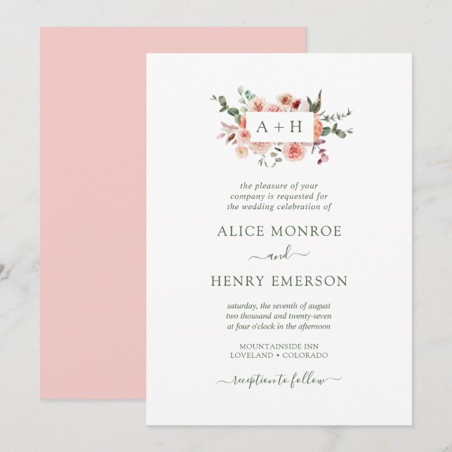 Invitation Simple Elégant rose pâle Roses Mariage vert (Devant / Derrière)