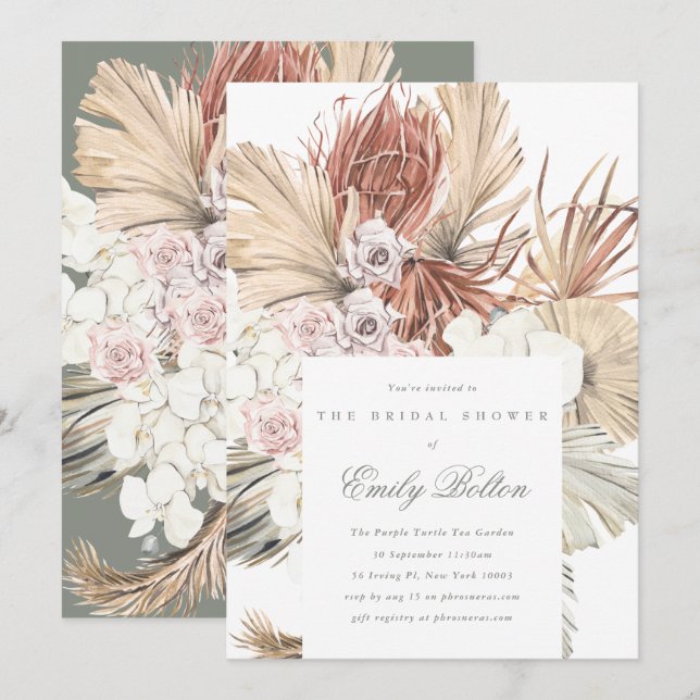 Invitation Simple Elégant Sage Floral Moss Green Pampas Boho (Devant / Derrière)