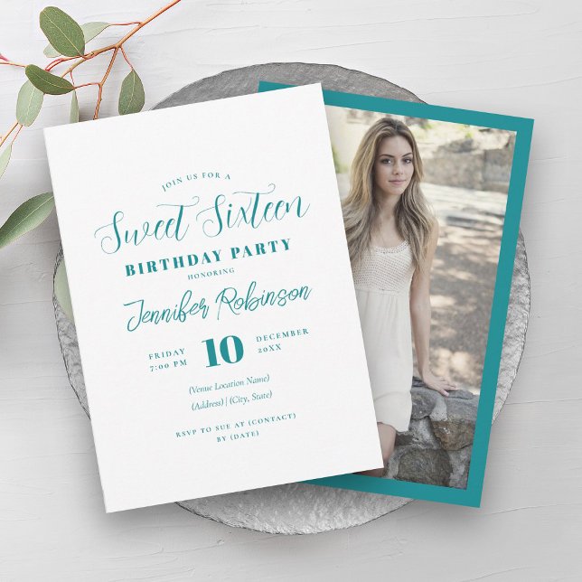 Invitation Simple Élégant Turquoise Photo Sweet 16 Seize (Simple Elegant Teal Photo Sweet 16 Sixteen Invitation)