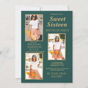 Invitation Simple Élégant Vert Or Photo Sweet Seize Ans