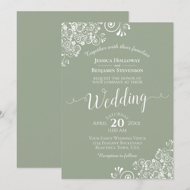 Invitation Simple élégante dentelle blanche sur Mariage vert  (Devant / Derrière)