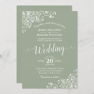 Invitation Simple élégante dentelle blanche sur Mariage vert 
