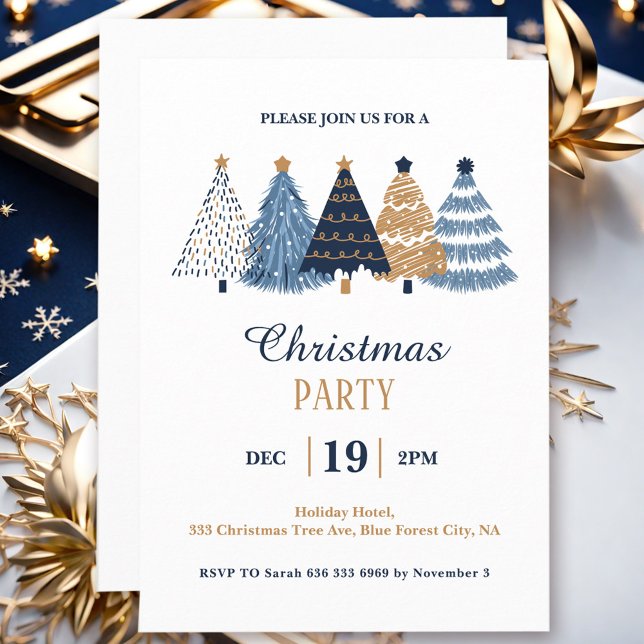 Invitation Simple Entreprise Bleu Noël Arbres de fête (Simple Corporate Blue Christmas Trees Party Invitation)