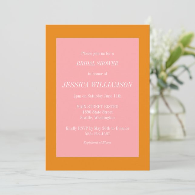 Invitation Simple esthétique Fête des mariées rose et orange (Debout devant)