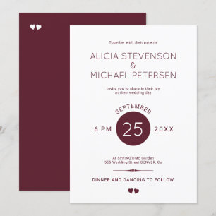Invitation Simple et élégant rouge bordeaux et blanc mariage