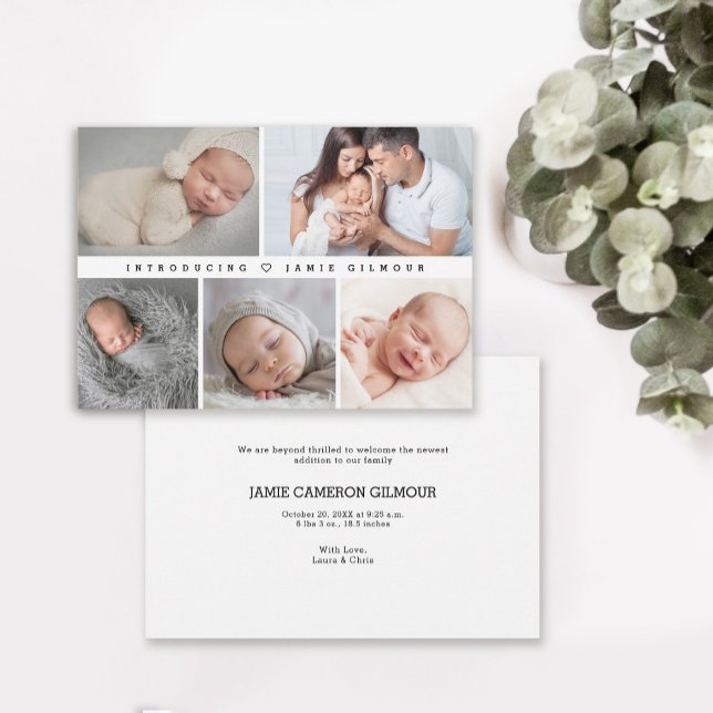 Invitation Simple et minimal présentation de photos pour bébé (Introducing our baby photo collage with birth stat announcement card.)