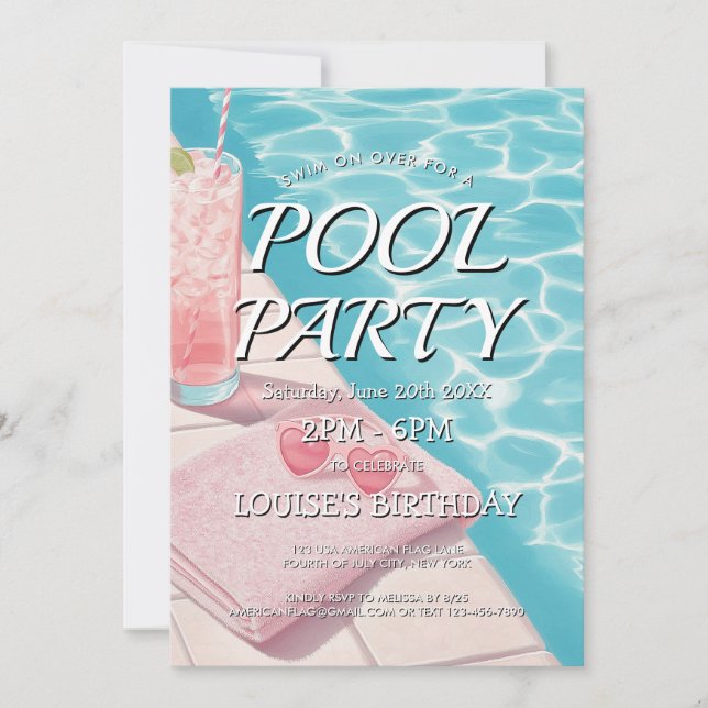 Invitation simple et rose Pool Party (Devant)