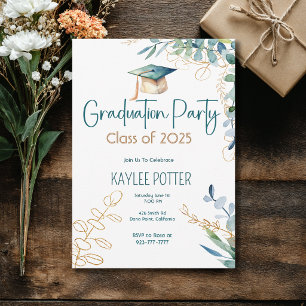 Invitation simple Eucalyptus et Gold Graduation Pa