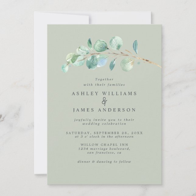 Invitation Simple Eucalyptus Foliage Pastel Mariage vert (Devant)