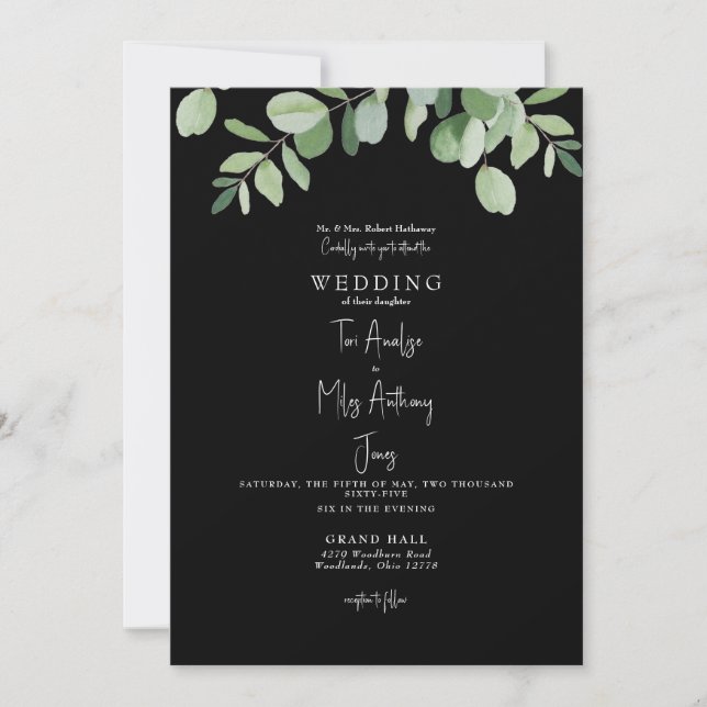 Invitation Simple Eucalyptus Vert Mariage noir (Devant)