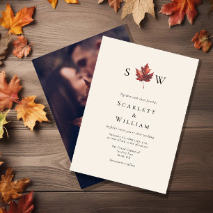 Invitation Simple Fall Leaf Cream Monogram Mariage photo