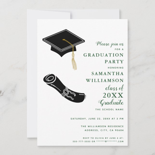 Invitation Simple fête de graduation blanche et verte (Devant)