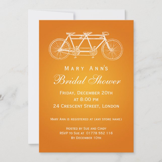 Invitation Simple Fête de l'mariée Tandem Bike Orange (Devant)