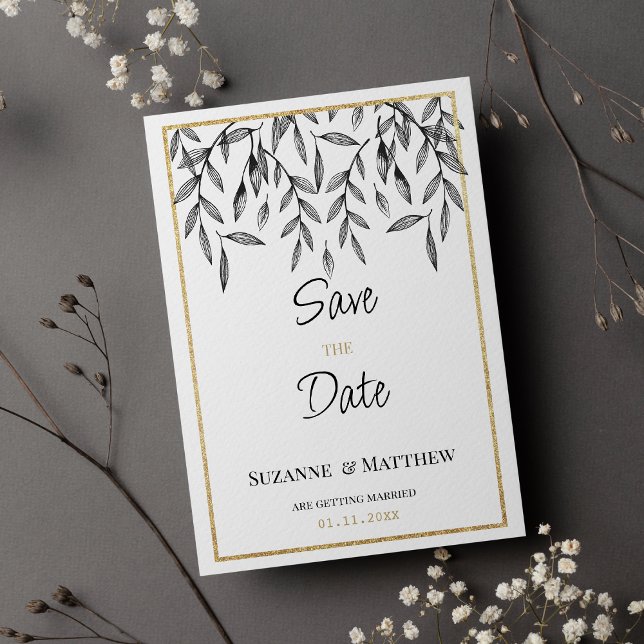 Invitation Simple feuillage d'or noir blanc Enregistrer la da (Simple black white gold foliage Save the Date )