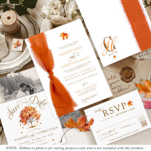 Invitation Simple Feuilles D'automne Ruban Moderne Mariage D'