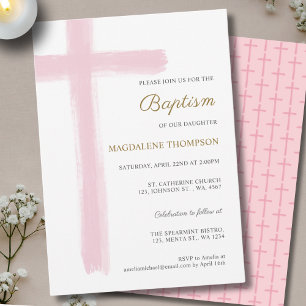 Invitation Simple Fille de Croix Rose Aquarelle Baptême