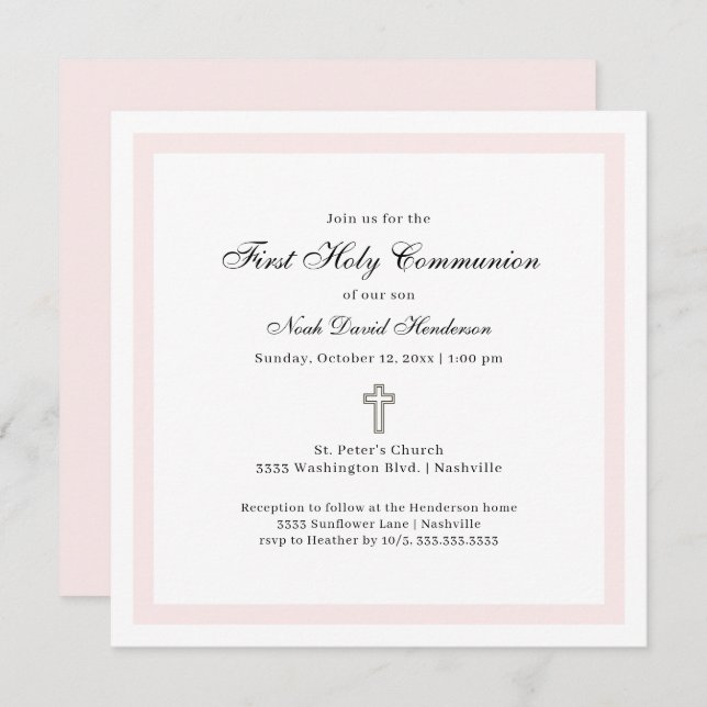 Invitation Simple First Holy Communion Pink White (Devant / Derrière)