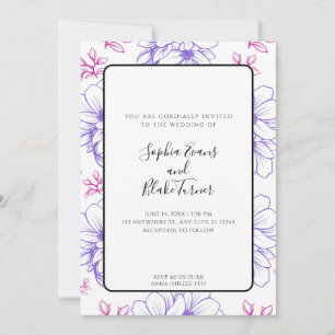 Invitation Simple Fleurs Mariage Dessinées au Trait Rose et V
