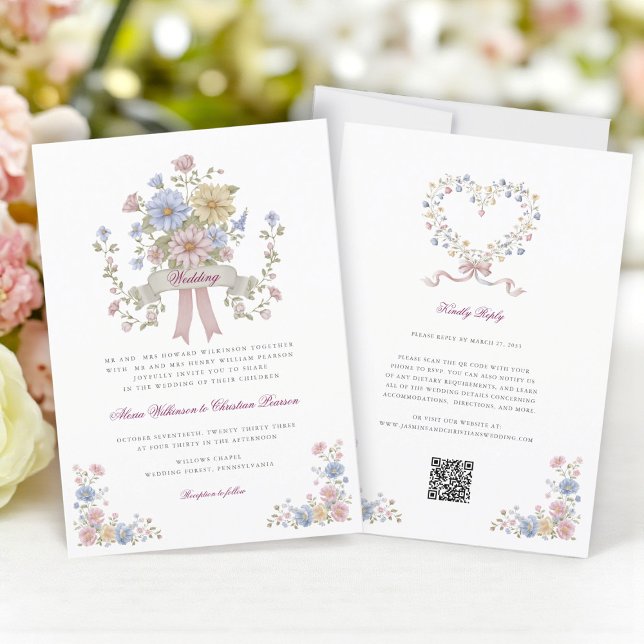 Invitation Simple Floral all in one wedding website qr code  (Créateur téléchargé)