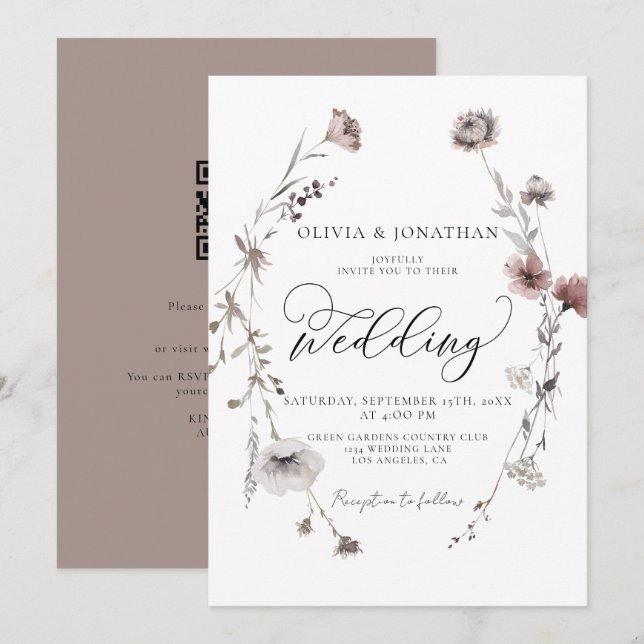 Invitation Simple Floral Automne Neutre Budget QR Code Mariag (Devant / Derrière)