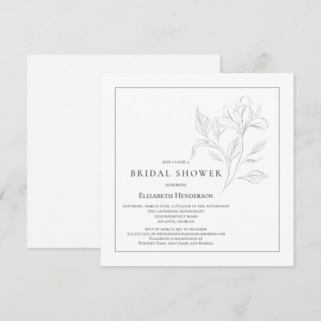 Invitation Simple Floral Elégante Fête des mariées blanche no (Devant / Derrière)