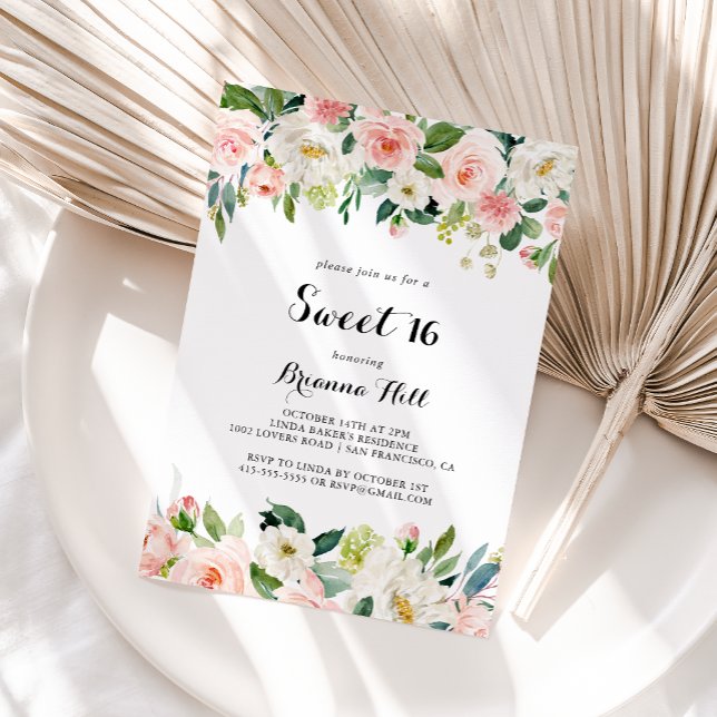 Invitation Simple Floral Green Sweet 16 fête d'anniversaire (Créateur téléchargé)