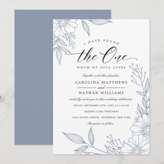Invitation Simple Floral J'Ai Trouvé Celui | Mariage bleu (Devant / Derrière)