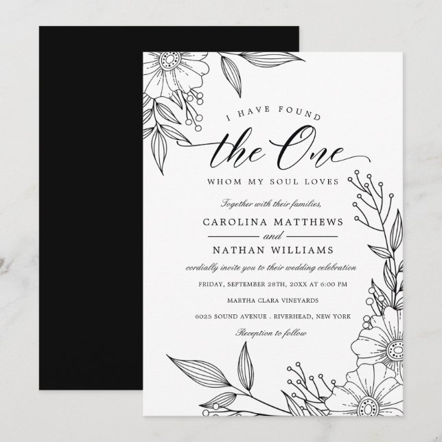 Invitation Simple Floral J'Ai Trouvé Celui | Mariage noir (Devant / Derrière)