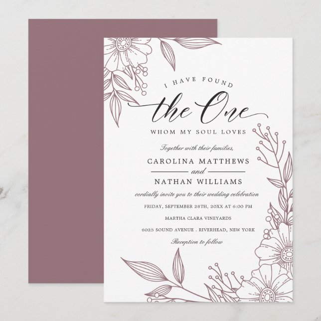 Invitation Simple Floral J'Ai Trouvé Celui | Mauve Mariage (Devant / Derrière)