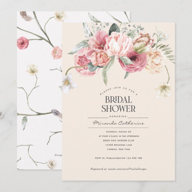 Invitation Simple floral joli style bohème shabby chic  (Devant / Derrière)