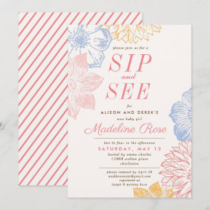 Invitation Simple floral rose fille Sip et voir le Baby showe