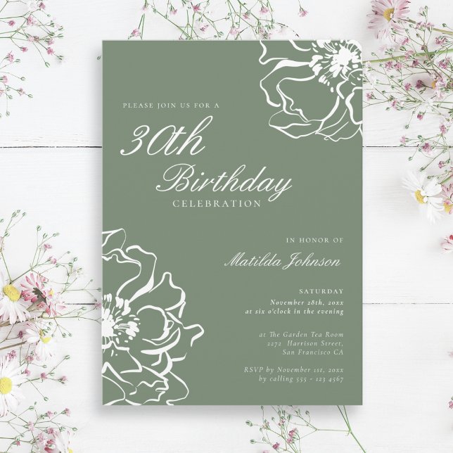Invitation Simple Floral Sage 30e fête d'anniversaire (Simple Floral Sage 30th Birthday Party Invitation)