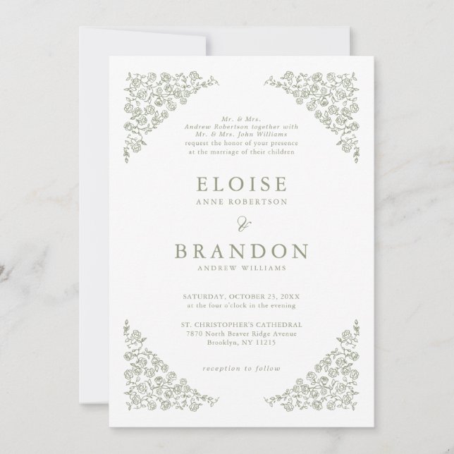Invitation Simple Floral tout en un détail Mariage vert Sage (Devant)
