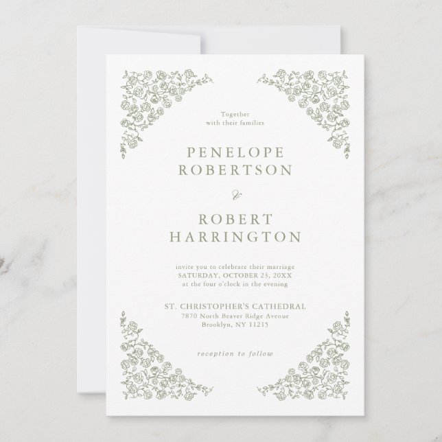 Invitation Simple Floral tout en un détail Mariage vert Sage (Devant)