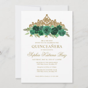 Invitation Simple Floral Vert Emeraude Or Couronne Quinceañer