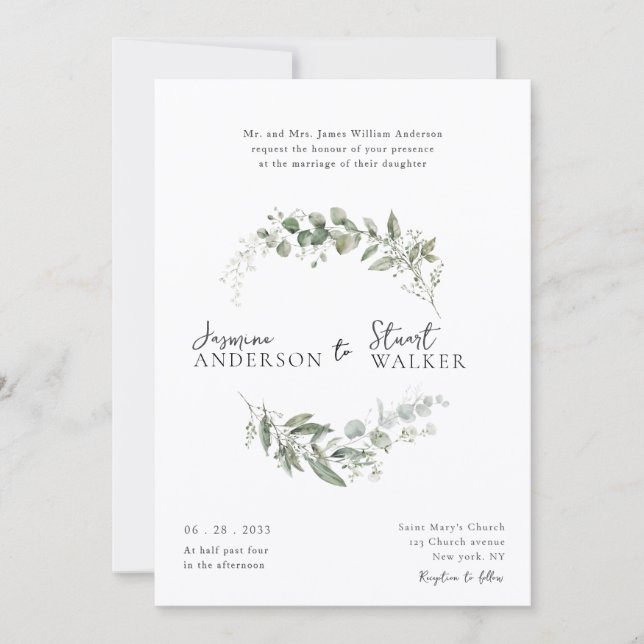 Invitation simple fun Eucalyptus Wreath Greenery Wedding  (Devant)
