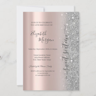 Invitation Simple Glitter Argent Rose Gold Douze Ans