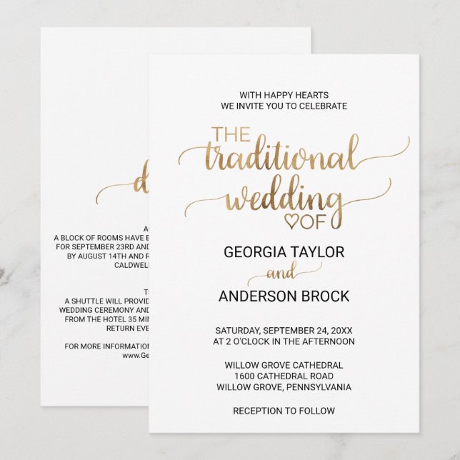 Invitation Simple Gold Calligraphie Mariage traditionnel (Devant / Derrière)